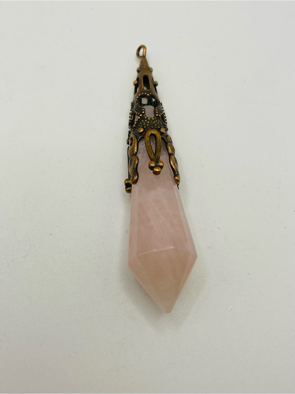 Natural Rose Quartz Hexagonal Cone Dowsing Pendulum with a Copper plated Cap